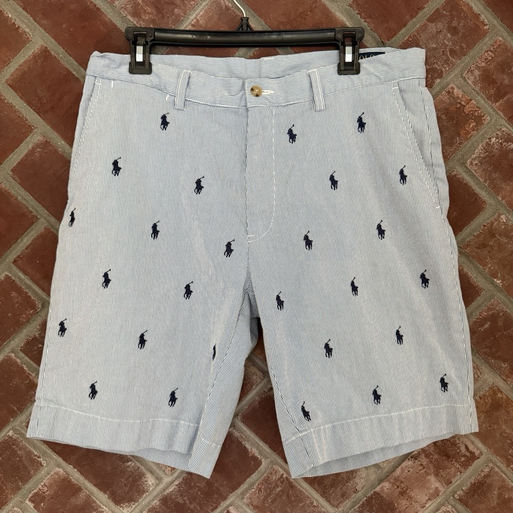 Polo Ralph Lauren Shorts Mens 33 Blue White Striped Chino Pony All Over